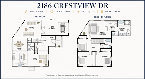 Floor plan for 4 beds, 3 baths, 1973 sqft